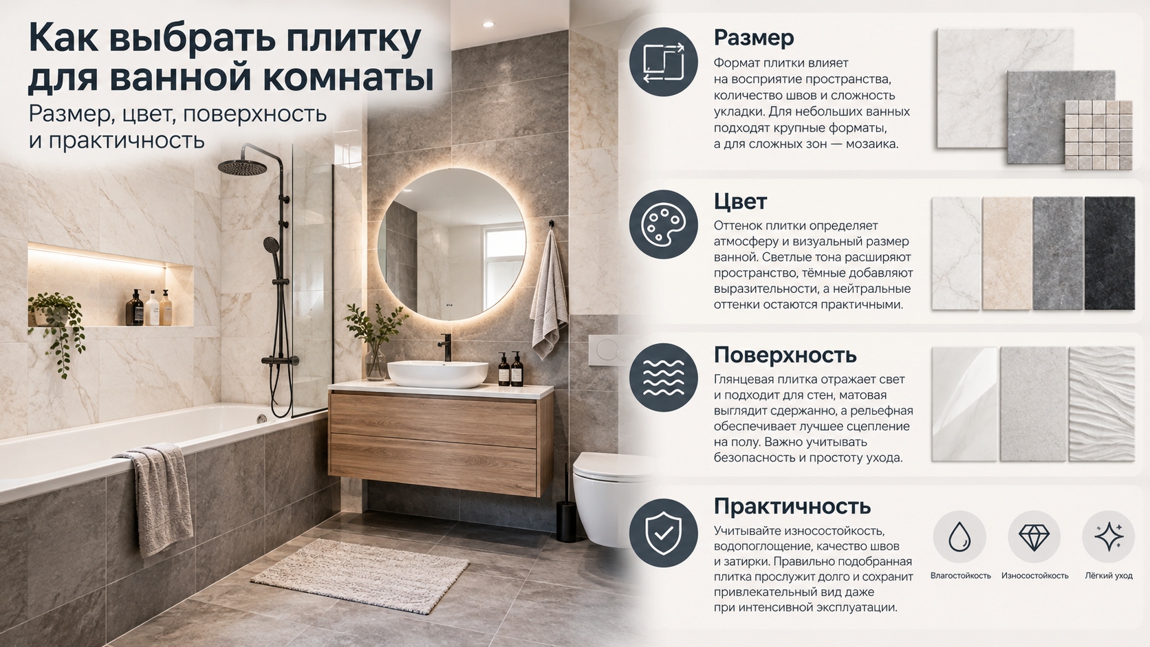 Как выбрать плитку для ванной комнаты: размер, цвет, поверхность и практичность