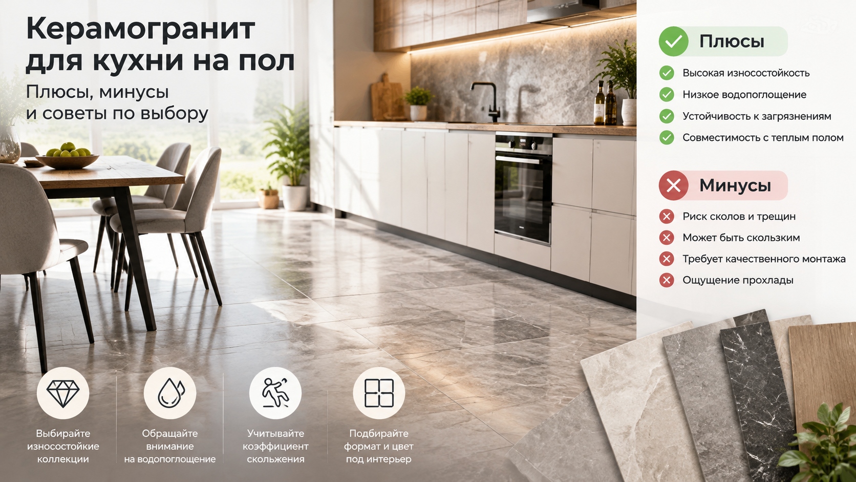 Керамогранит для кухни на пол: плюсы, минусы и советы по выбору